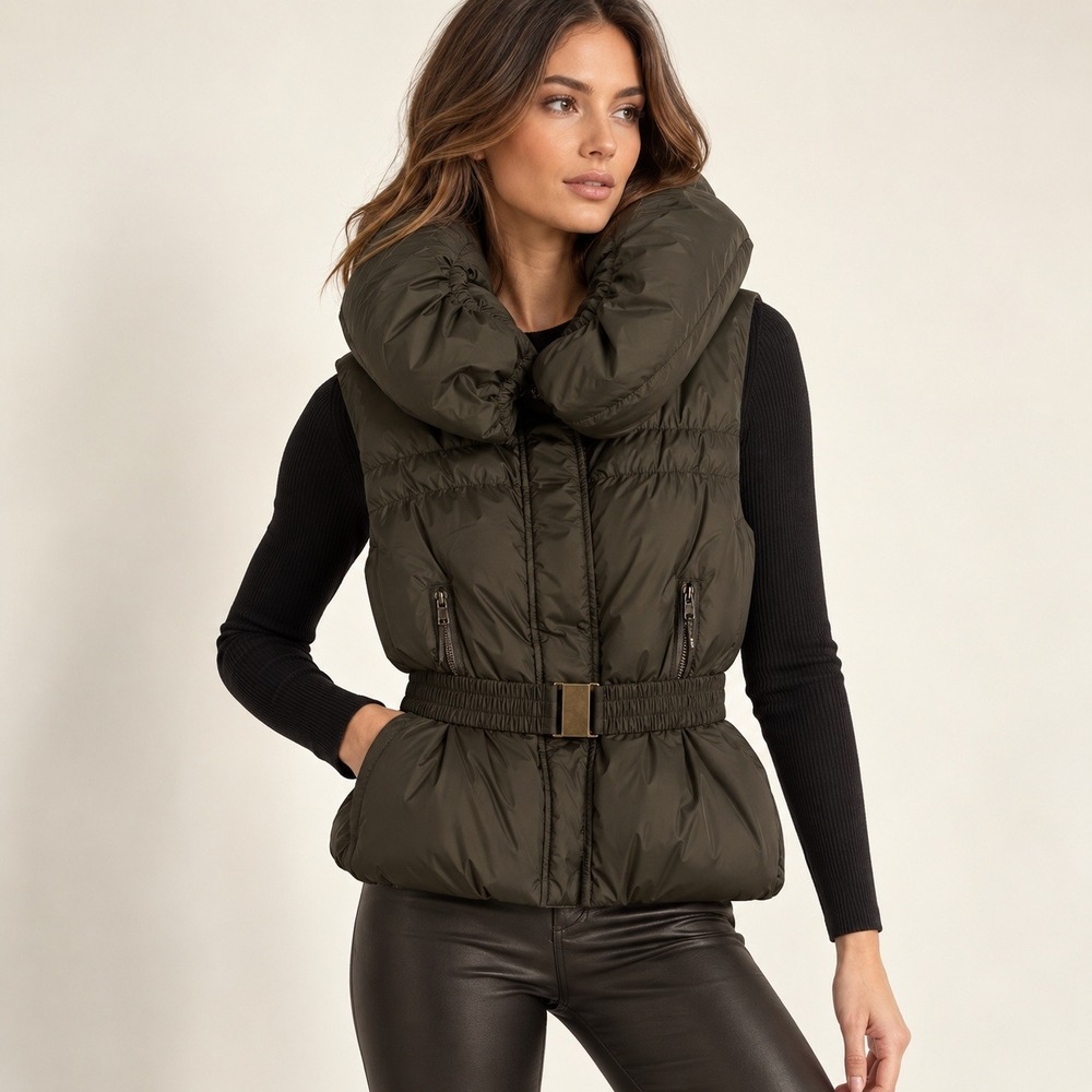 BCBGMAXAZRIA Womens Belted Down Puffer Vest Olive Green S Peplum Y2K Fall Winter